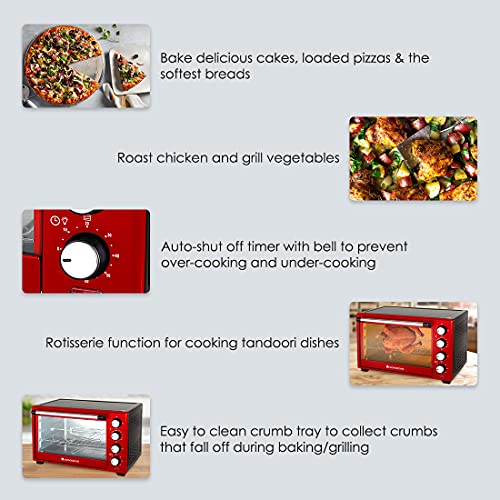 Image of Wonderchef Oven Toaster Griller (OTG) Crimson Edge - 28Litres - With Auto-Shut Off Heat-Resistant Tempered Glass Multi-Stage Heat Selection 2 Yrs Warranty 1600W RedBake Grill RoastEasy Clean