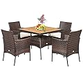 Tangkula 5 Pieces Wicker Patio Dining Set, Outdoor Acacia Wood Dining Furniture with 4 Armrest Chairs & 1 Dining Table, Rattan Conversation Set with Cushions & Umbrella Hole for Backyard Garden Porch