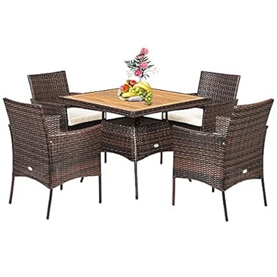 Tangkula 5 Pieces Wicker Patio Dining Set, Outdoor Acacia Wood Dining Furniture with 4 Armrest Chairs & 1 Dining Table, Rattan Conversation Set with Cushions & Umbrella Hole for Backyard Garden Porch