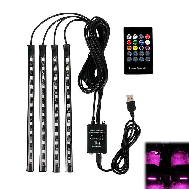 Vxiwscy LED Innenbeleuchtung Auto 4x12 – USB RGB Atmosphärenlicht mit IR Fernbedienung, dimmbar und 8 Farben für stimmungsvolle Beleuchtung im Auto und Zuhause Schwarz