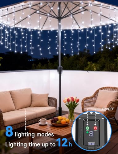 Aigostar Luci Solari Da Esterno/Interno - 3M+5M*0.4M Cascata Di Luci Per Esterno 100 Led, 8 Modalità, IP65, Luce Bianca Fredda, Tenda Luminosa Per Giardino, Balcone, Camera Da Letto - 3