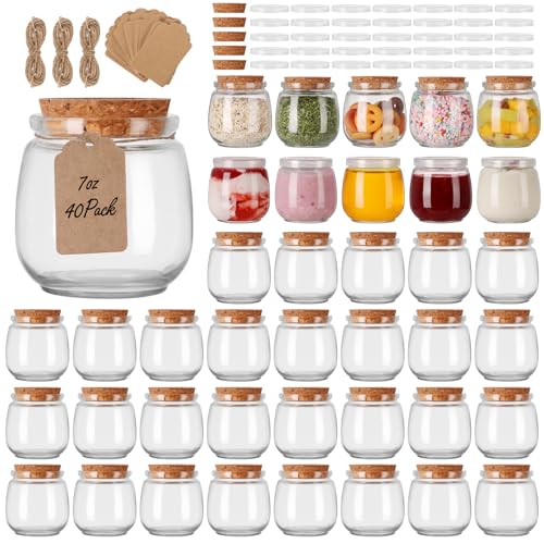 Homerove Mini Yogurt Jars 40 Pack, 7 oz Glass Favor Jar with Cork Lid, Pudding Jars with PE Lids, Perfect Containers for Jam, Oatmeal, Honey or Jello