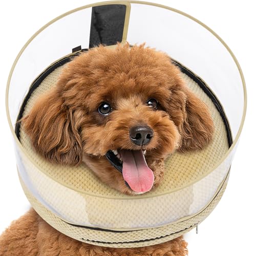 Didopet Soft Inflatable Dog Cone for Surgery Recovery, Protective Dog Donut Collar with Shield to Stop Licking Wounds, 2-in-1 Patented Comfort Blow-Up Collar for Small and Medium Pets (Khaki, M)