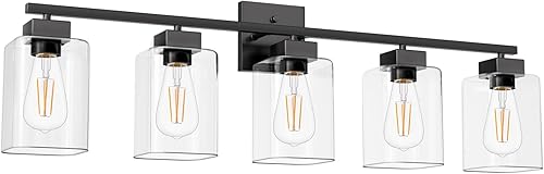 Miniatura 9 de Espird Lámpara de tocador de baño de 5 luces, color negro mate, diseño cuadrado y certificación UL, accesorios de iluminación negros de 31 pulgadas