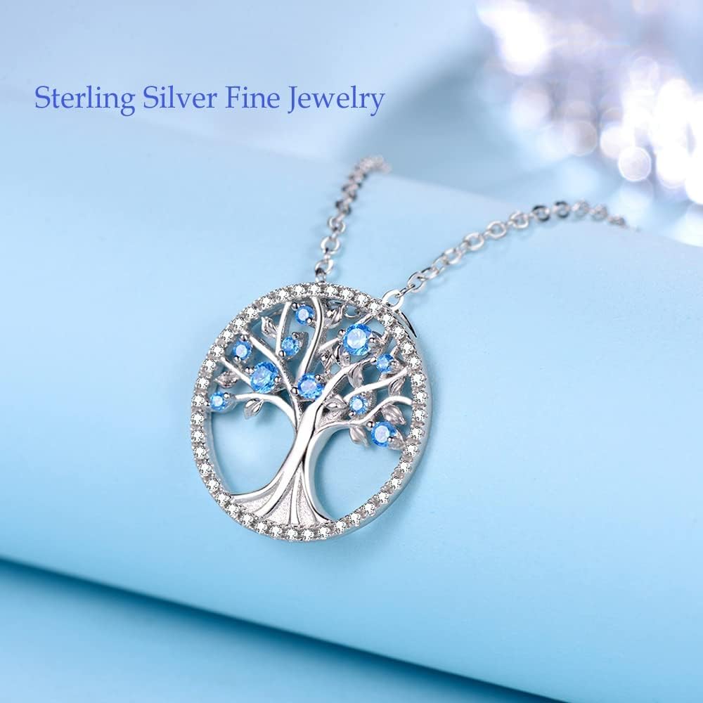Tree of Life Necklace for Women Birthday Gifts for Wife Mom March April Birthstones Necklace Aquamarine Simulated Dimaond Emerald and More Stones, 925 Sterling Silver