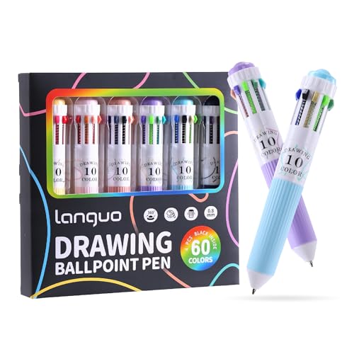 languo 60 Colors Multicolor Pen, 6PCS 10-in-1 Multicolor Ballpoint Pen Set, 0.8mm Tip Retractable Colored Pens for Drawing and Writing, School Office Art Supplies