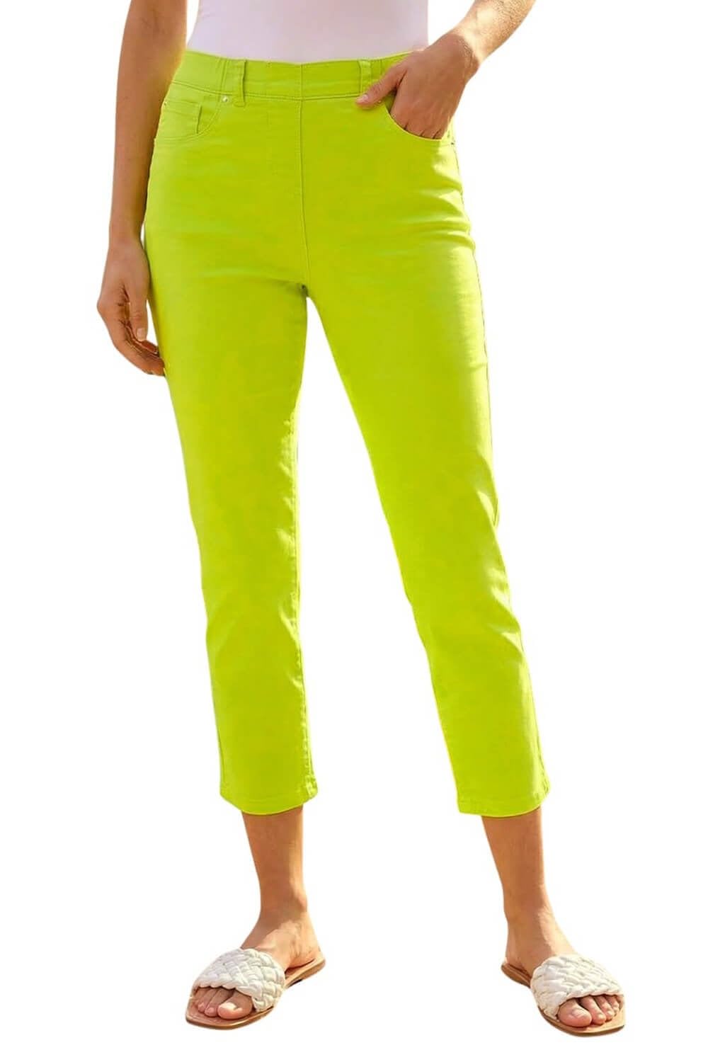 Roman Originals Women's Lime Roman Cropped Jeggings For Uk Capri Stretchy Jeans Denim Legging Cotton Summer Trouser Three Quarter 3/4 Length Pull On Cut Off High Waist Smart - Size 14