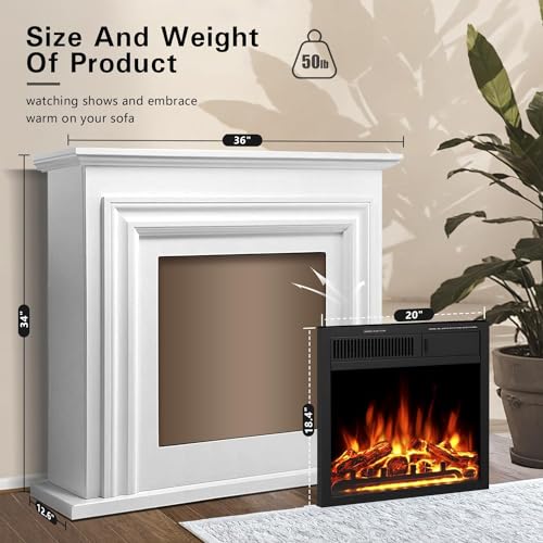 R.W.FLAME Electric Fireplace Mantel Wooden Surround Firebox, 36" White TV Stand with Freestanding Electric Fireplace, Remote Control, Adjustable Led Flame, 750W/1500w