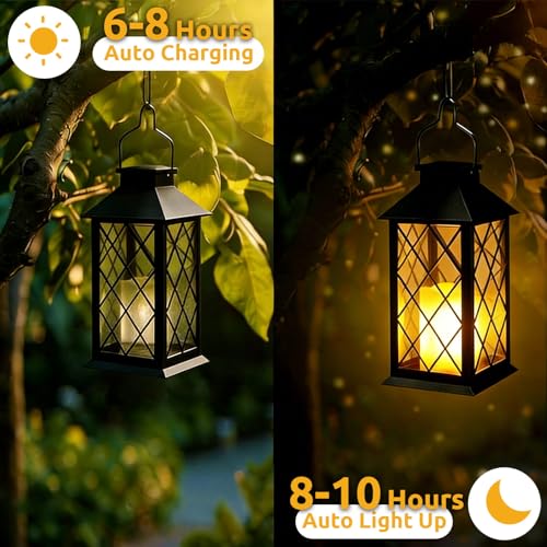 Image of 2 Pack 14 inch Large Tempered Glass Solar Lanterns Outdoor Waterproof | Black retro solar lantern with flickering flameless candles, ideal decoration for wall, porch, patio, table and garden.