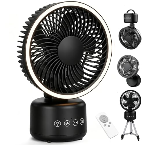 COWSAR 4-in-1 Camping Fan Rechargeable, Portable Battery Powered Fan with Light & Remote, 4-Speed, 330° Oscillation, Type-C, Table/Wall/Hang/Tripod for Indoor, Outdoor, Tent, Travel, Fishing, Black