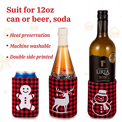 Whaline 12pcs Christmas Beer Can Coolers Sleeves Red Black Plaid Can Sleeves Can Covers for Beverages, Bottle, Drink Christmas Party Decorations Supplies, Gingerbread Xmas Tree Snowflake - Thumbnail 4