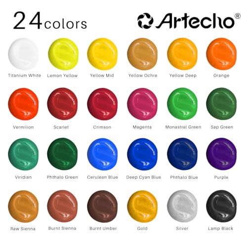 Artecho Acrylic Paint Set 24 Colors 2oz/59ml with 12 Brushes, Art Supplies by Artecho - Used condition - Image 2
