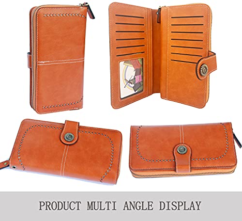 Mokoze Orange Wallet For Women, Pu Leather Bifold Wallets With Wrist Strap And Zipper, Large Capacity Wallet For Hold Bank Credit Cards/Money/Cell Phones/Keys, Girlfriends Mother's Day Gifts #TOP5