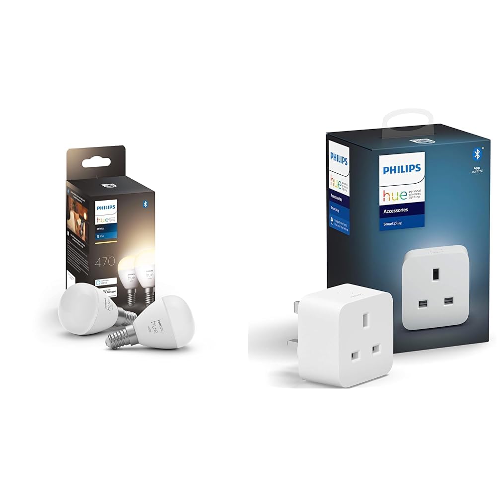 Philips Hue Philips Hue New White Smart Light Bulb Lustre 2 Pack [E14 Small Edison Screw] with Bluetooth & Smart Plug for Smart Home Automation. Works with Alexa, Google Assistant and Apple Homekit, White