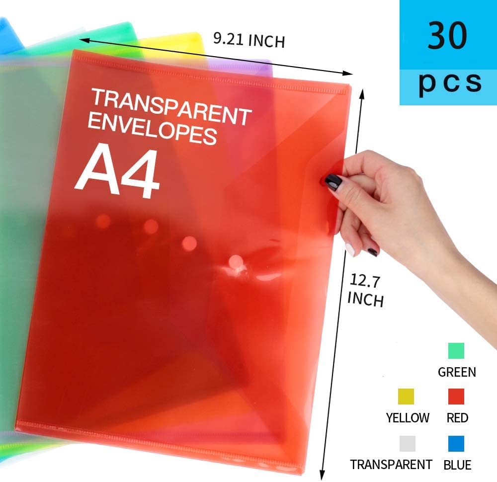 Pochettes Porte-document A4, Lot de 30, Plastique Pochette avec Bouton Pression pour Stockage Document Recettes D'Entreprises Organisation