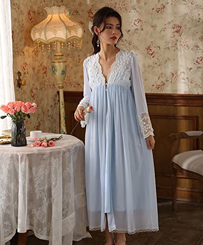 Vintage Victorian Dressing Gown Set For Women Lady's Palace Style Princess Loungewear Nightgown Nightdress Sleepwear Nightshirt Pajamas Light Blue Xl #TOP5