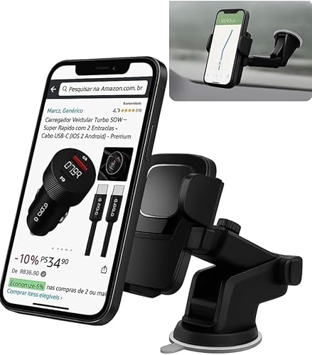 Suporte de Celular para Carro com Ventosa Anti Queda, Apoio Veicular de Celular GPS Smartphone, Gruda no Painel Vidro do Carro Trava Automática, Para Waze Uber 99 Taxi - STICK ON