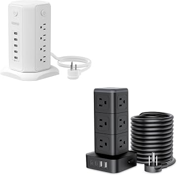 Power Strip Tower Surge Protector, NTONPOWER 8 Outlet 5 USB Desktop Charging Station 1625W 13A + NTONPOWER 15 FT Power Strip Surge Protector Tower, Mini Flat Plug Power Strip Tower