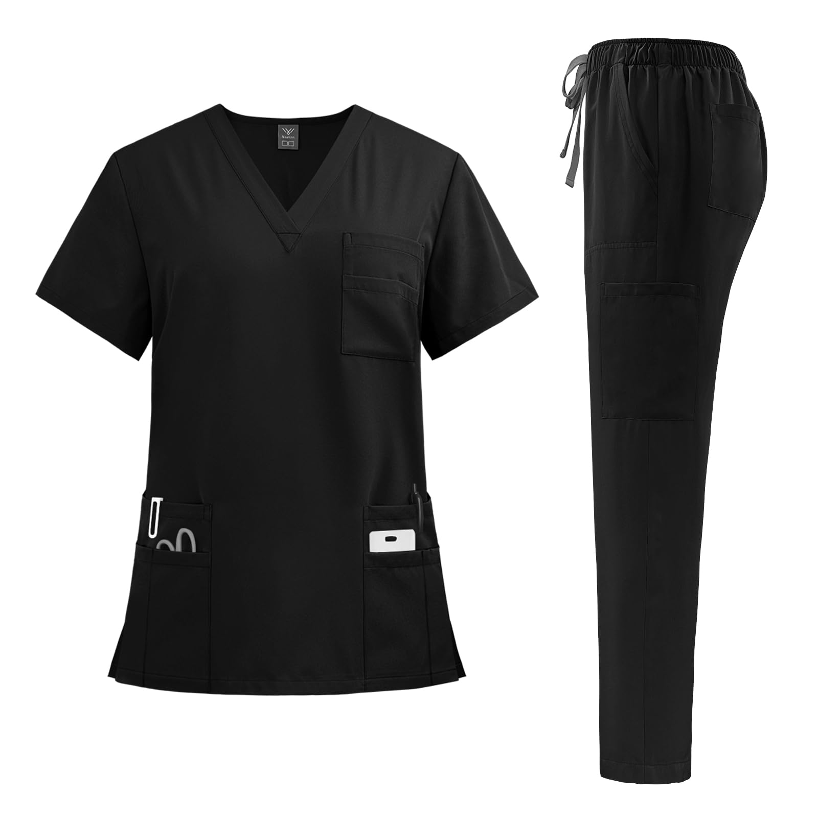 niaahinn Scrubs for Women Set - Stretch Top & Cargo Pants with Multi Pocket for Nurse (Black,S)