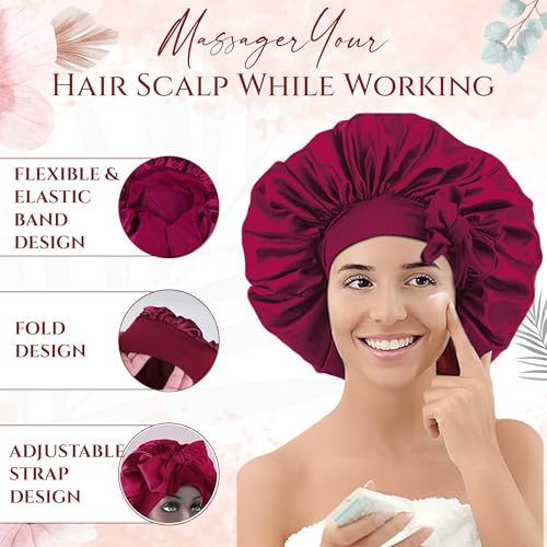 Image of Homeaura Women Silk Blend Bonnet Satin Hair Cap for Sleeping | Adjustable Tie Band Satin Bonnet Head Wrap for Curly Hair | Reusable Showercap Protection (1 pc One Size Claret), Pink