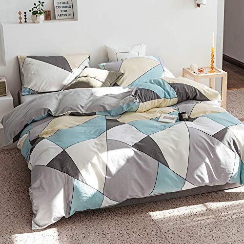 VM VOUGEMARKET Modern Duvet Cover Set King,100% Cotton Blue Gray Yellow Geometric Triangle