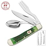 Kissing Crane Green Bone Camp Dining Tool - Genuine Jigged Bone, CrMoV17 Stainless Steel Utensils, Brass-Plated Bolsters, Separates Into Three Pieces - Closed Length 4 1/4