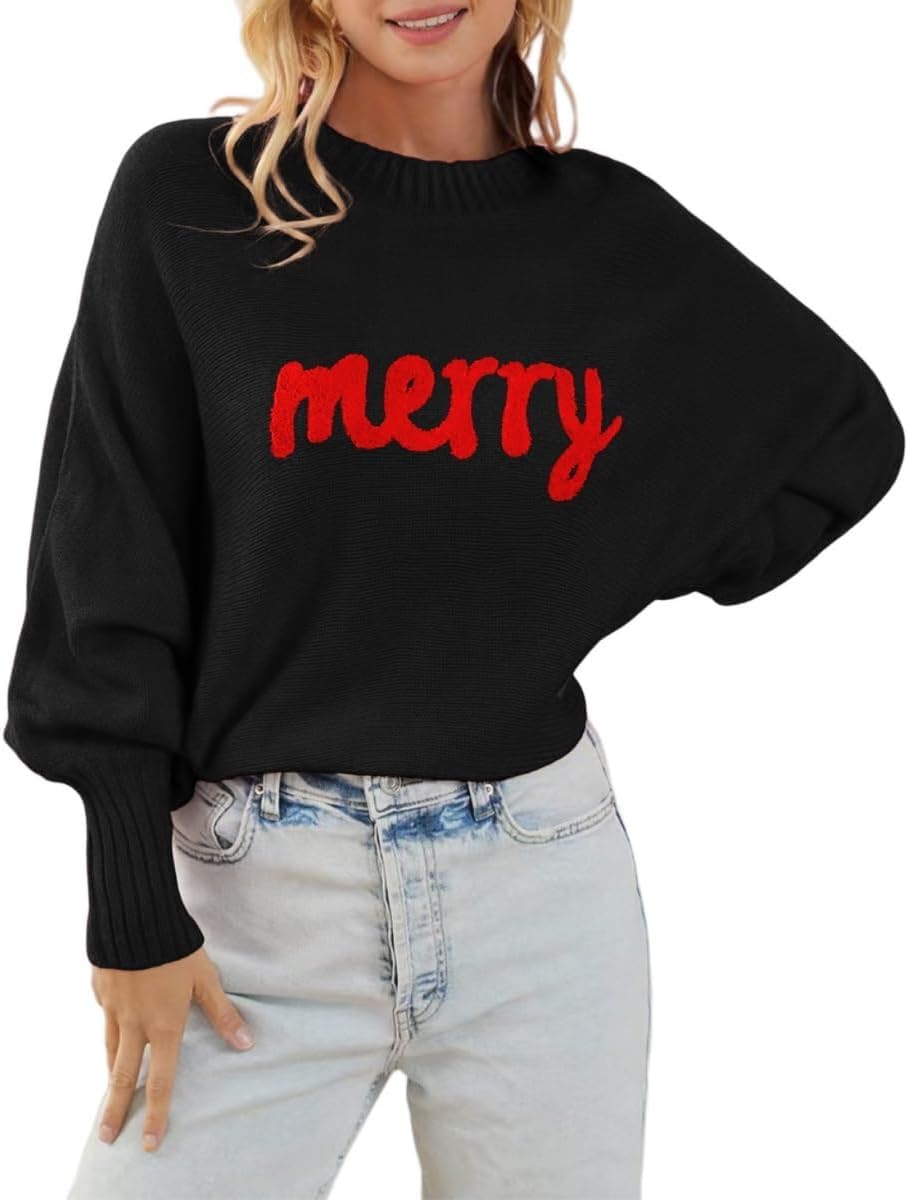 Womens Merry Christmas Sweaters Long Batwing Sleeve Sweater Loose Fit Pullover Top Sweaters