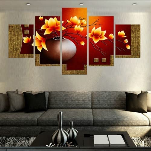 Tableau sur toile 5 pièces de peintures premium design floral jaune encadré