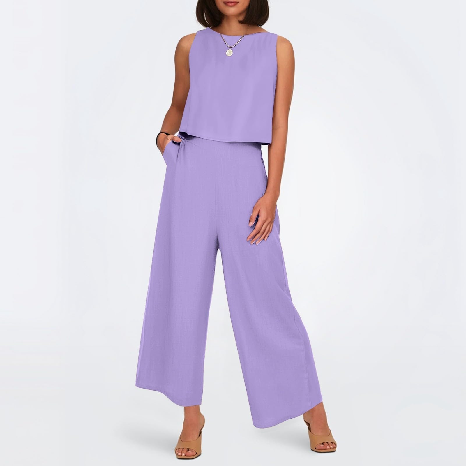 Damen Zweiteiler Sommer Musselin Hosenanzüge Elegant Tank Top Und Hose Leinen Baumwolle Freizeitanzug Casual Leicht Anzug Ärmelloses Einfarbig Loungewear, S-4Xl