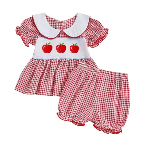 Toddler Girl Back to School Clothes Apple Plaid Doll Collar Puff Sleeve Tops Ruffled Shorts Set Infant Summer Outfit (Red, 2-3T)