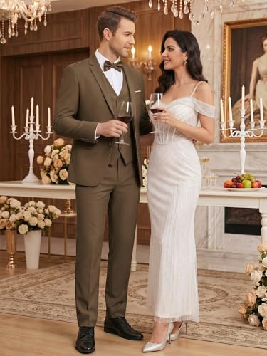 Image of WEEN CHARM Men's 3-Piece Slim Fit Suit Set-2-Button Blazer,Vest & Pants-Formal Wedding,Prom,Party & Business Tuxedo
