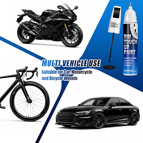 Image of Gloss Black Rim Touch Up Paint, 2-in-1 Brush & Tip, 0.4 fl oz - Universal Black Rim Curb Rash Repair Kit for Scratches, Scuffs on Alloy /Metal Wheels, OEM Color Match, Quick-Dry & Long-Lasting