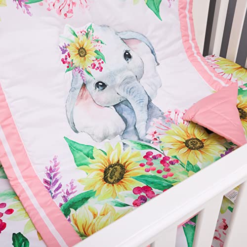 Image of Cloele Crib Bedding Set for Baby Girls, Pink, 3 Piece,Elephant Sunflower | Includes Crib Skirt, Quilt, Fitted Sheet, Sunflower Pattern, Soft Nursery Comforter Bedding Set