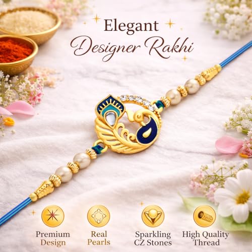 Image of Riddhika Ventures Religious Meenakari Om and Peacock Feather Rakhi With Roli Chawal And Greeting Card