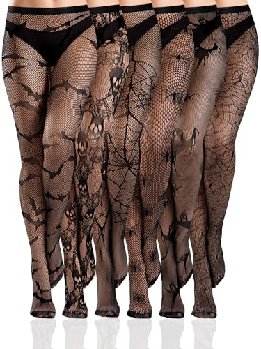 Ramede 6 Pairs Halloween Fishnet Stockings Women Lace Tights Patterned Fishnet Thigh High Waist Goth Leggings Tight Pantyhose