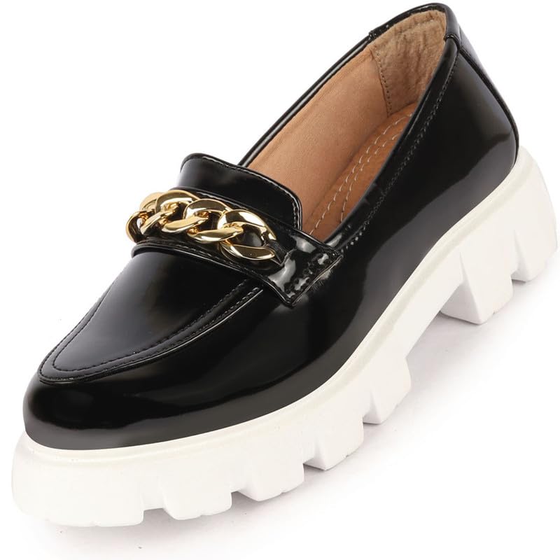 FAUSTO FST FJDWC-7016 BLACK-41 Womens Black Patent Leather Shiny Chain Buckle Classic Casual Slip On Loafer Shoes (8 UK) (B0CKRKCHFS) Amazon Price History, Amazon Price Tracker