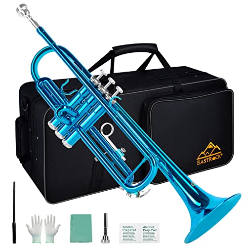EASTROCK Trumpet Standard Brass Bb Nickel Sea Blue Trumpet Instrument with Hard Case,Gloves, 7C Mouthpiece for Student Beginner