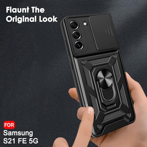 Image of TheGiftKart Tough Armor Bumper Back Cover Case for Samsung Galaxy S21 FE 5G | Ring Holder & Kickstand in-Built | 360 Protection Case Cover for Samsung S21 FE (PC & TPU, Sliding Camera Cover, Black)