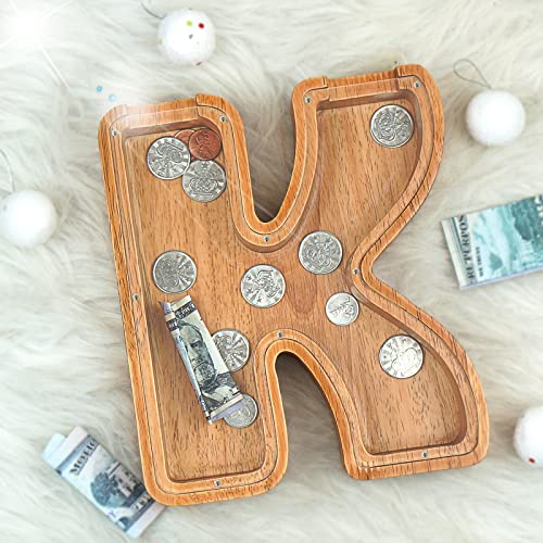Image of Piggy Bank for Kids Boys Girls, Large Personalized Wooden Letter Piggy Bank with Cut-Out Design, Alphabet Letter Coin Banks, Money Savings Box, Wooden Bank for Kids Creative Gift for Real-Money(K)