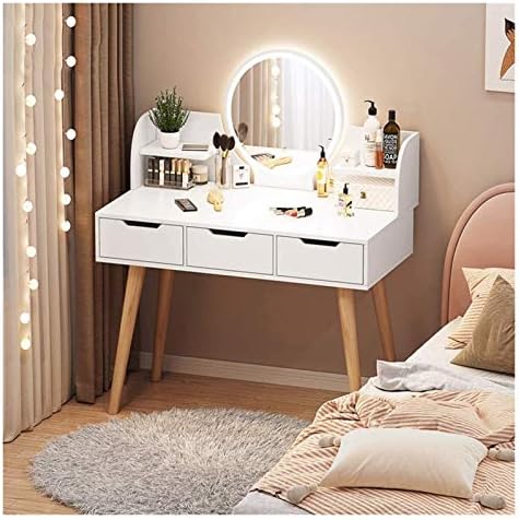 Luxury Princess Gift Dressing Table Dressing Table Dressing Table with LED Lighted Mirror Touch Screen Switch 2 Large Drawers Storage Shelves (White, 100