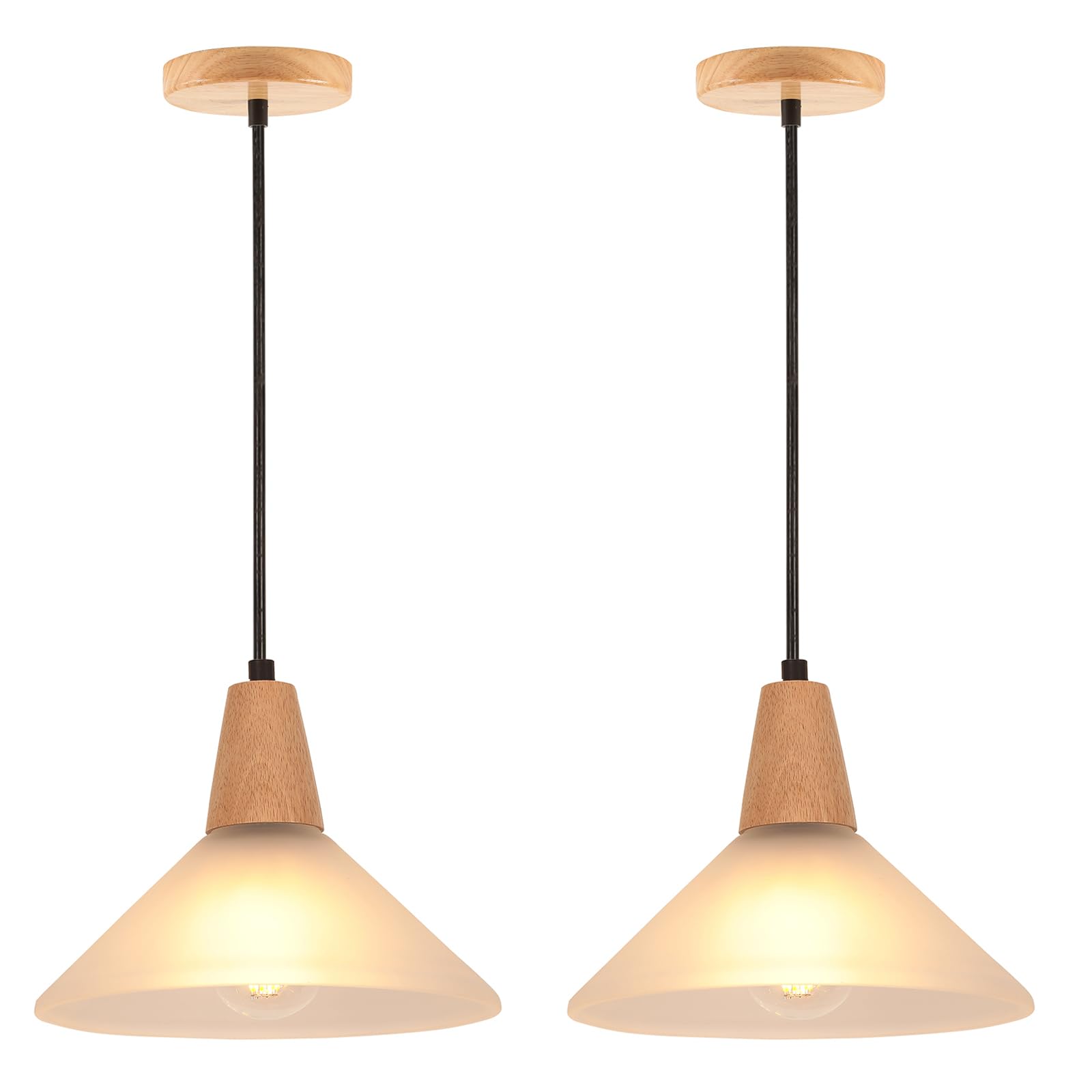 LIGKIN 2 Piezas Lámpara Colgante de Vidrio, Vintage Lámpara Ø23cm Pantalla de Vidrio E27, Lámparas de Techo de Madera Industrial Lampara para Cocina Comedor Dormitorio