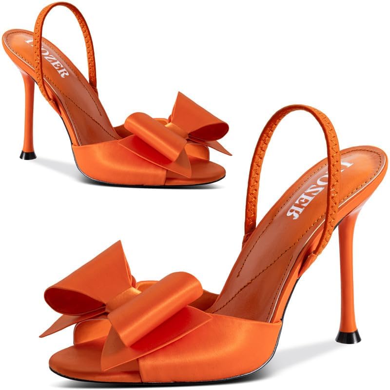 Image of Satin High Heels Slingback Open Toe Mules Sandals Bow Stiletto Sexy Heels Comfortable Wedding Party Shoes