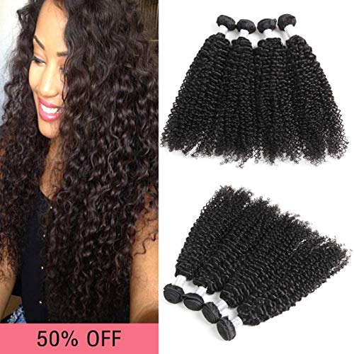 IMAYLI Kinky Curly Virgin Hair 4 Bundles Brazilian Jerry Curly Human Hair Weave Unprocessed Kinky Curly Human Hair Bundles Natural Black(14 14 14 14)