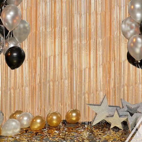 Image of DECOCKRAT 2 Pack Foil Fringe Backdrop - Laser Champagne Shiny Tinsel Curtains for Party Decoration /Photo Booth Props - 3.3x6.6 FT Metallic Foil Backdrop for Birthday, Wedding, Graduation, Christmas.