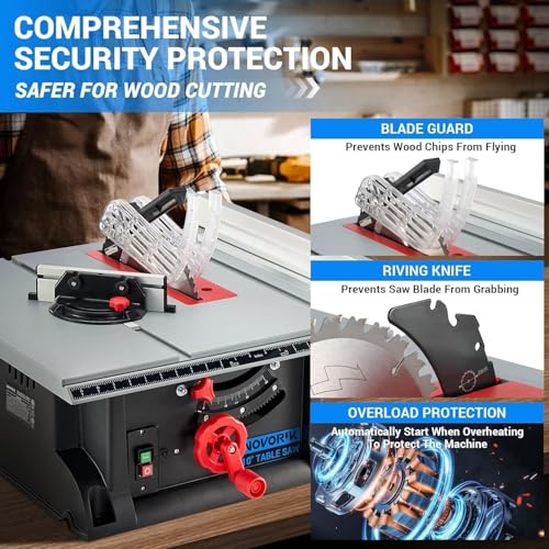 NOVORIK 10“ Portable Table Saw, 10 Inch Heavy-Duty Table Saw with 15 Amp Motor, Benchtop 10-Inch with TCT Blade for Woodworking Included