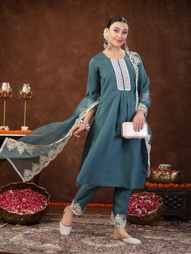 Image of Stylum Women's Embroidered Silk Blend Straight Kurta with Pant & Dupatta