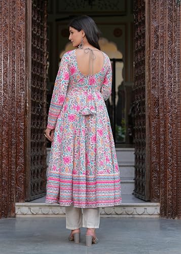 Image of Cotton Anarkali Shiffly Work with Floral Printed Anarkali Kurta Pant with Dupatta