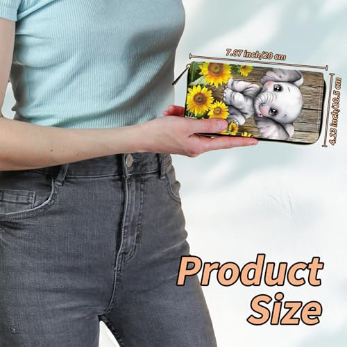 Women's RFID Blocking Wallet PU Leather Slim Bifold Wristlet Clutch with Large Capacity,16 Card Slots & Zipper Coin Purse Pocket Ladies Travel Purse Wristlet,Wooden Sunflowers Elephant2