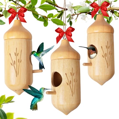 Hummingbird House, Wooden Hummingbird Houses for Outside Hanging, Humming Bird Nest Swinging, Wooden Bird Houses with Cotton, Bow, String, Gardening Gifts Decoration (3 Pack)