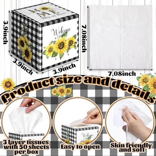 Image of Fourluoo 12 Pack Summer Sunflower Plaid Tissue Cube Boxes 600 Sheets 3 Ply | Black and White Buffalo Plaid Sunflower Design Face Tissues Bulk for Car Bedroom Office, Disposable Supply, Cube Holders